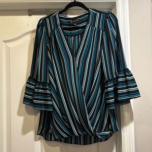 INC blue and black striped Faux Wrap blouse